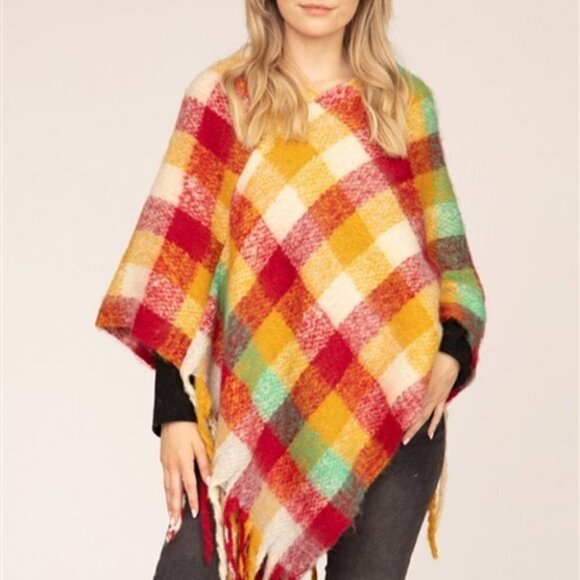 MULTI COLOR PLAID PRINT PONCHO - SOFT - Picture 2 of 8